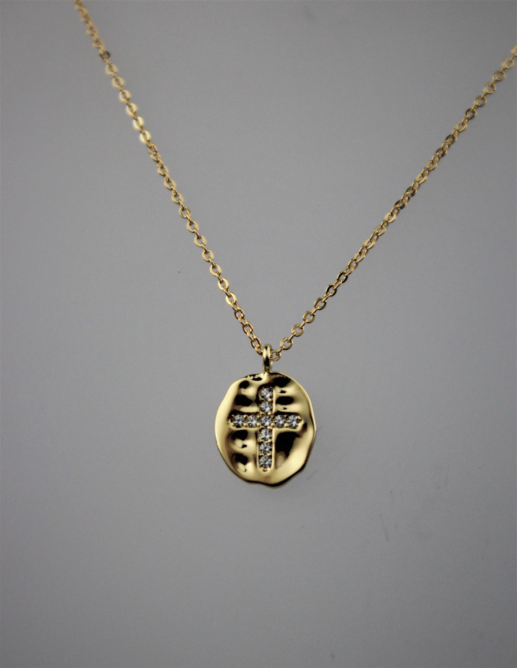 18K Gold Plated Oval Pendant with Rhinestone Cross