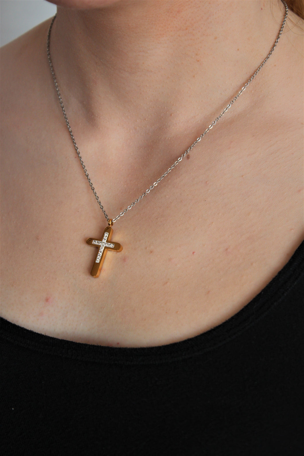 Golden Stainless Steel Cross with Rhinestones